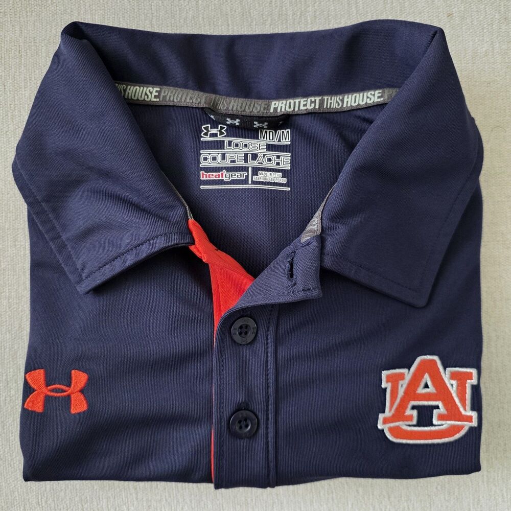 Auburn Tigers Polo Mens Medium Navy Blue Under Armour HeatGear War Eagle Golf